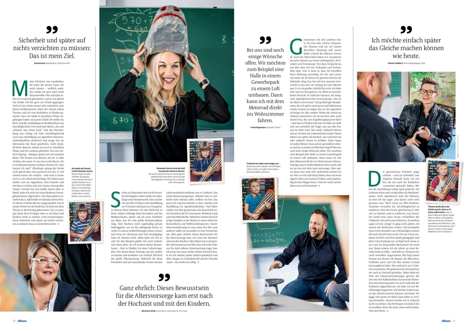 Das Bild zeigt die Folgeseiten der Reportage mit Momentaufnahmen der Akteure und alten Schuldfotos. Zu lesen sind Zitate, zum Beispiel: "Sicherheit und später auf nichts verzichten müssen: Das ist mein Ziel"