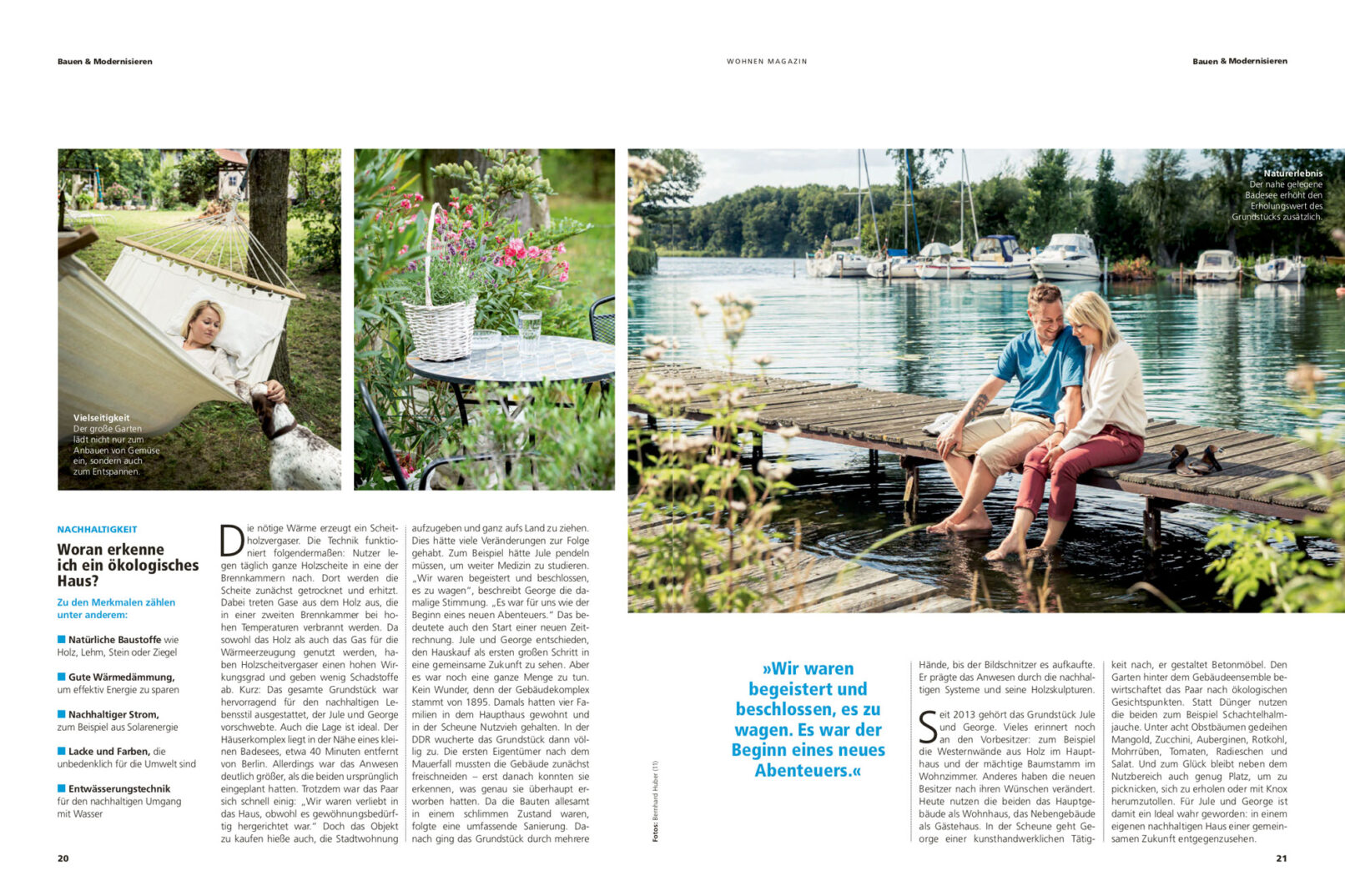 Das letzte Bild der Reportage zeigt das Paar gemeinsam am nahe gelegenen See. In einem Infokasten befinden sich Infos zum Thema "ökologisch wohnen".