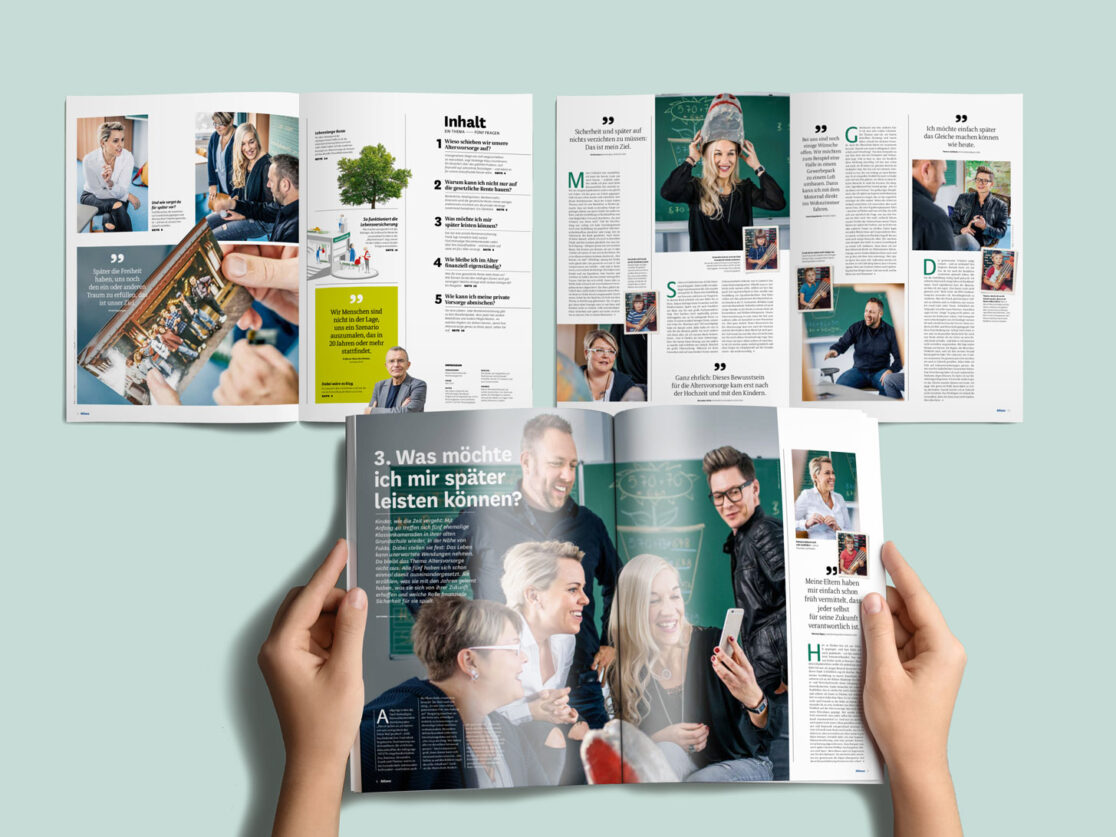 Auf dem Bild sieht man ein Template mit allen Seiten der Reportage.