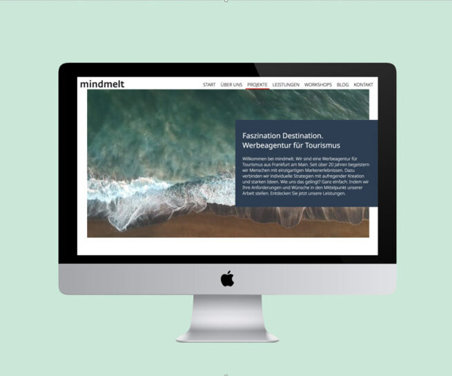 Der Teaser zeigt einen Computer-Bildschirm, auf der die Website der Agentur mindmelt geöffnet ist
