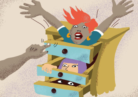 Das Bild zeigt eine Illustration zum Thema Unconscious Bias oder unbewusste Vorurteile. Im Mittelpunkt steht eine Kommode. Aus den einzelnen Schubladen sieht man Köpfe und Oberkörper von Menschen mit Diversitätsmerkmalen herausragen. Aus der Ecke kommt eine Hand hervor, die die Schubladen wieder zuschieben möchte.